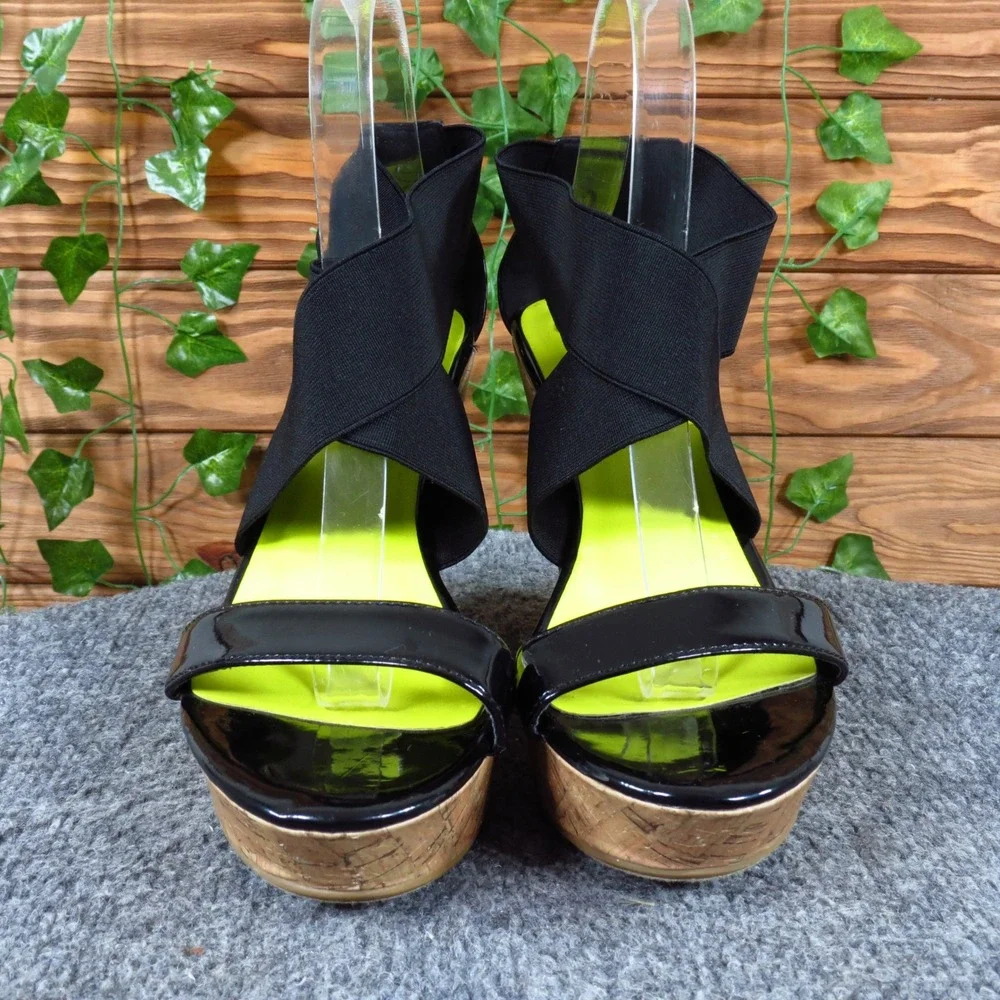 CL by Chinese Laundry Idelle Womens Wedge Sandal 8.5 Summer Black Cork Neon